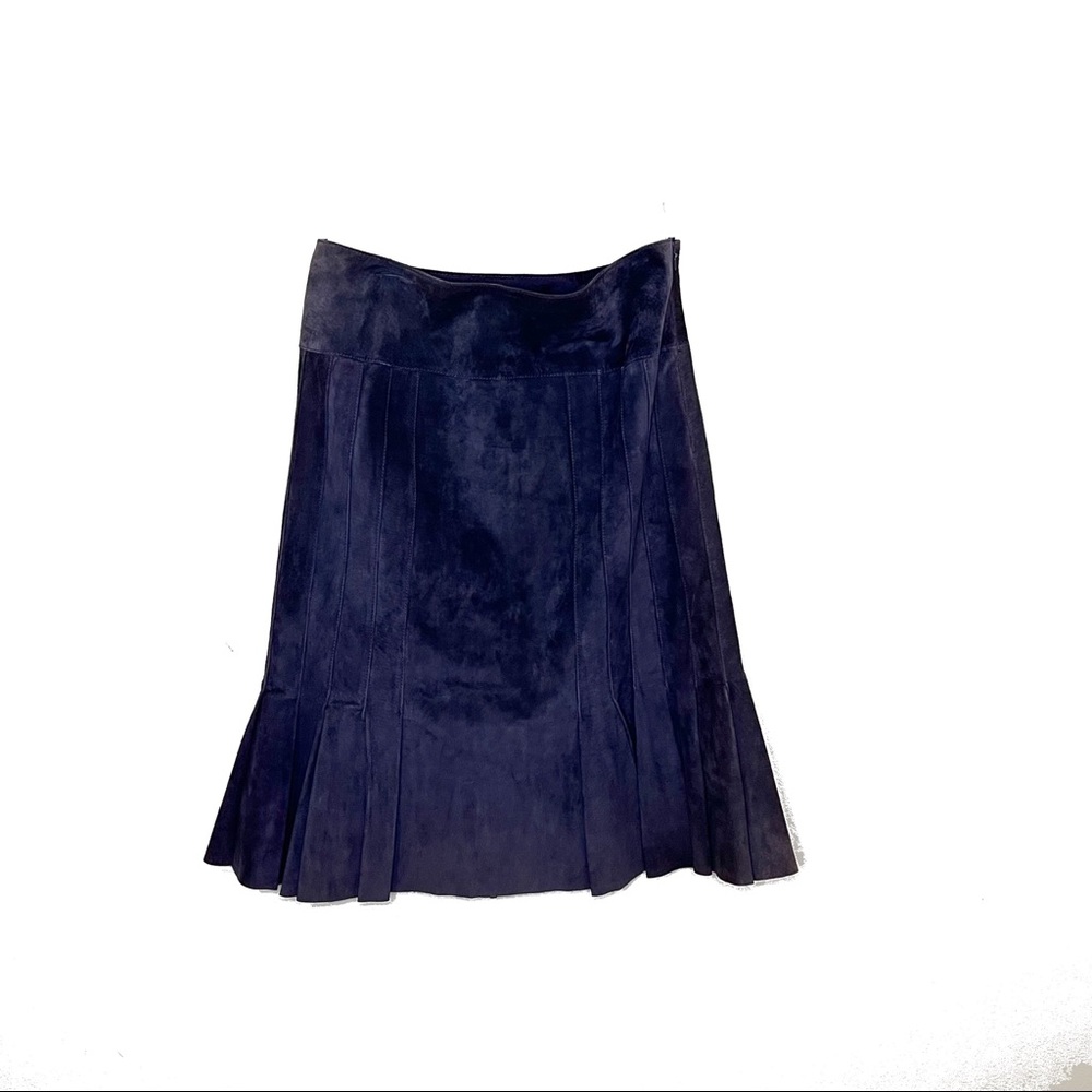 COPY - WORTH Ink Blue 100% Genuine Suede Leather Pleated Skirt with Flared Hem …